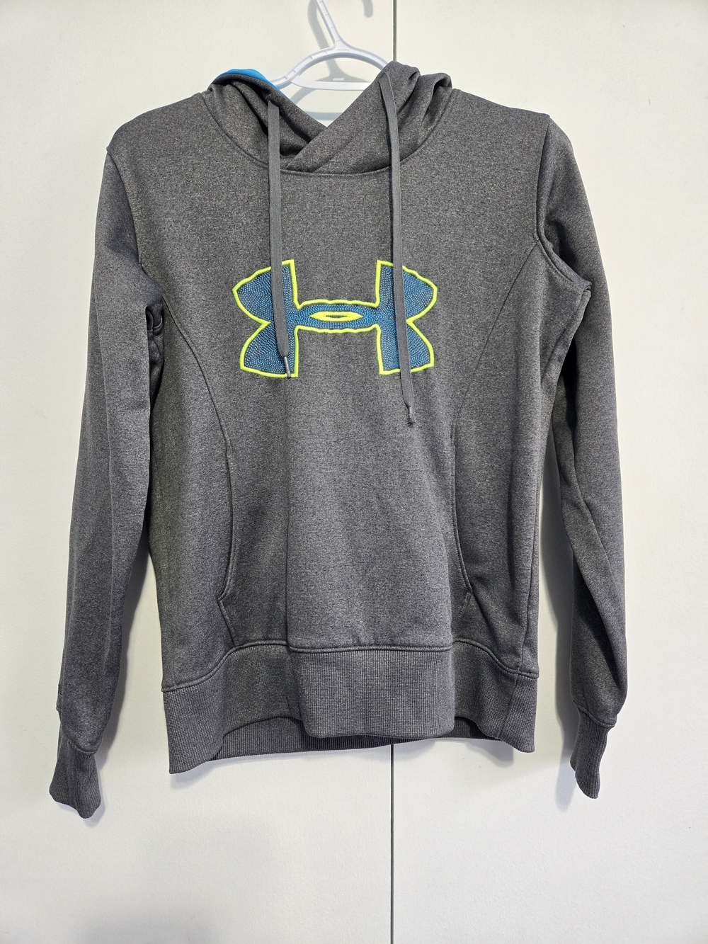 Under Armour Womens Size Small Hoodie Gray Blue Storm Logo Sweatshirt Pullover